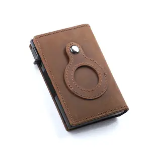 Brown Retro Leather Wallet Case For Anti Lost Finder With Credit Cards Pop Up Holder And Tracking Device Case