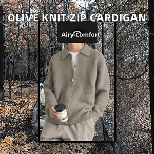 Men's Light Olive Diamond-Knit Breathable <b>Zip</b>-Front Cardigan Retro Modern Relaxed Layered Outfit Minimalist Casual Hip Hop <b>Shirt</b> - Product Image 2