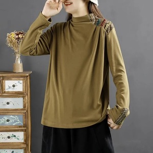 Women's Long Sleeve High Neck Top Autumn Winter Chinese Style Embroidery Velvet Base Shirt Brown Green Black - Product Image 1
