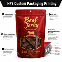 Sachet Doypack Personnalisé pour Viande Séchée (Bœuf, Porc) – Sac Mylar Imprimé Qualité Alimentaire, Étanche, Anti-Odeur, avec Fenêtre Transparente et Fermeture Ziplock