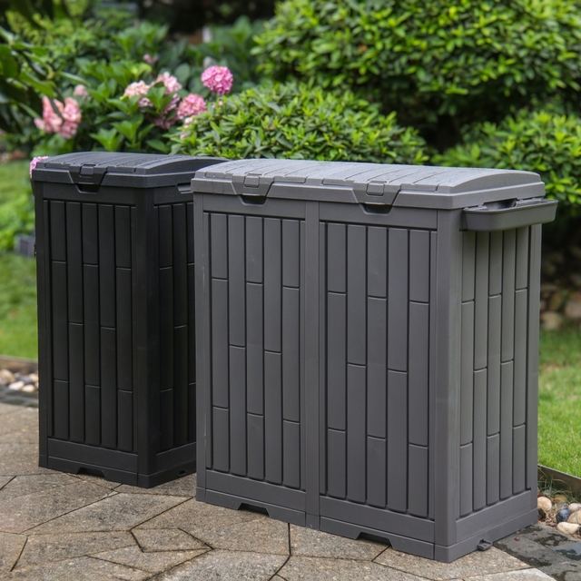 110L/220L Plastic Dual Compartment Eco-Friendly Recycling Bin with Wood Grain Finish Anti-Slip Base and Separate Recycle Labels