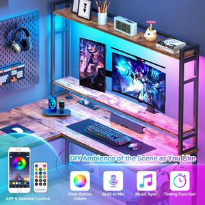 Bureau en forme de <span class=keywords><strong>L</strong></span> avec éclairage LED et prises électriques, bureau d'angle réversible avec tiroirs et support pour écran, bureau de jeu pour le té<span class=keywords><strong>l</strong></span>étravail - Product Image 4