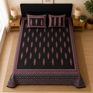 Black Cotton Bedsheet Set King Size <b>Flat</b> Sheet with 2 <b>Pillow</b> Covers Traditional Indian Floral Bedding Soft Cotton Home Decor - Product Image 1