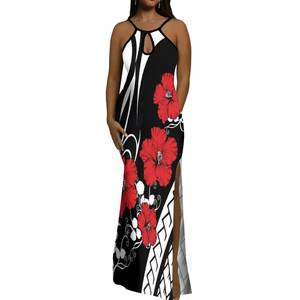 定制女士晚礼服夏威夷芙蓉印花水滴设计连衣裙无袖狭缝吊带马克西连衣裙舞会礼服 - Product Image 1