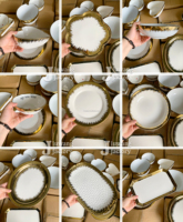 Vaisselle en céramique blanche avec bord doré, bols et assiettes de formes variées, prix direct usine JIUWANG, vendu par carton