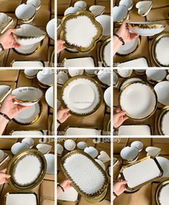 <span class=keywords><strong>Vaisselle</strong></span> en céramique blanche avec bord doré, bols et assiettes de formes variées, prix direct usine JIUWANG, vendu par carton - Product Image 2