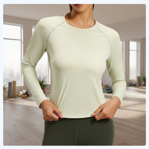 Camisetas deportivas de yoga para mujer al por mayor, personalizadas, de secado rápido, holgadas, de color liso, de manga larga, con cuello redondo - Product Image 1