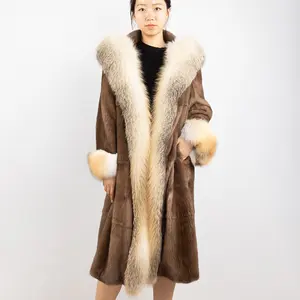 winter luxury golden island fox fur trimming cuffs hooded long brown real mink fur coats jackets for women