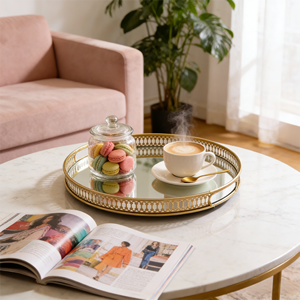 Vassoio Moderno con Cornice in Metallo Dorato e Specchio sul Fondo per Soggiorno, Hotel, Appartamento e Uso Domestico - Product Image 2