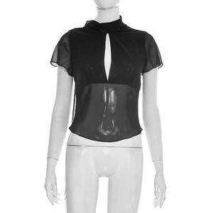 Viviblook Y26TP030 Camiseta de verano para mujer, nueva camiseta corta con cordones y mangas con lazo y patchwork para mujer - Product Image 2