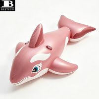 Bouée gonflable robuste en forme de baleine orca rose nacré, jouet aquatique durable avec poignées pour les vacances à la plage