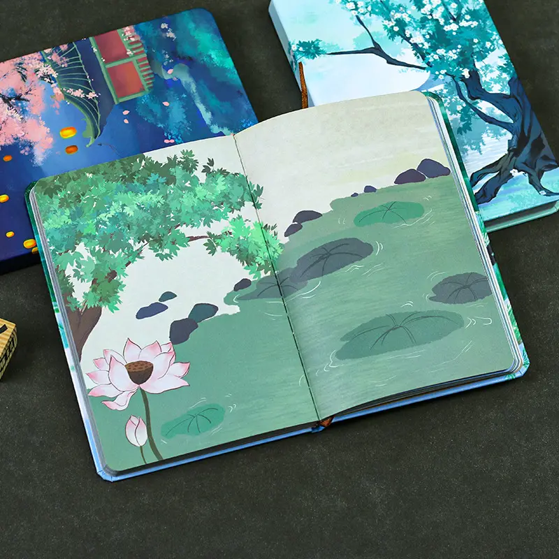 Cuaderno creativo retro de 32K, Bloc de notas de cubierta dura con ilustración de página interior de color de paisaje, diario