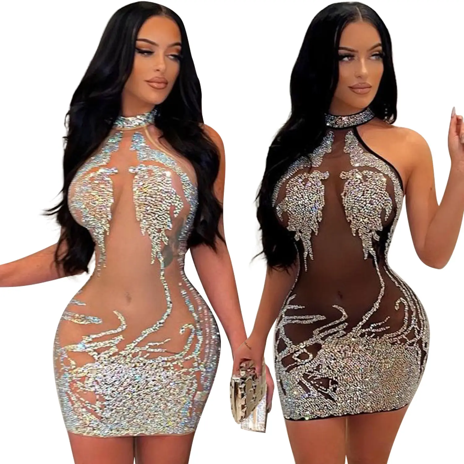 Clothing Sexy Tight Mesh Hot Drilling See-through Nightclub Ladies Women Sexy Celebrity Evening Party Fashionable Prom Dress