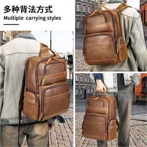 Crazy Horse <b>Leather</b> <b>Backpack</b> <b>Large</b> Capacity Multi-pocket Business Travel Men's Bag Solid Color Soft Handle 36-55L - Product Image 2