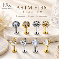 Anting-anting titanium G23 16G bentuk bunga, bertabur CZ, untuk tindik bibir, tulang rawan, helix, conch, perhiasan tindik tubuh wanita.
