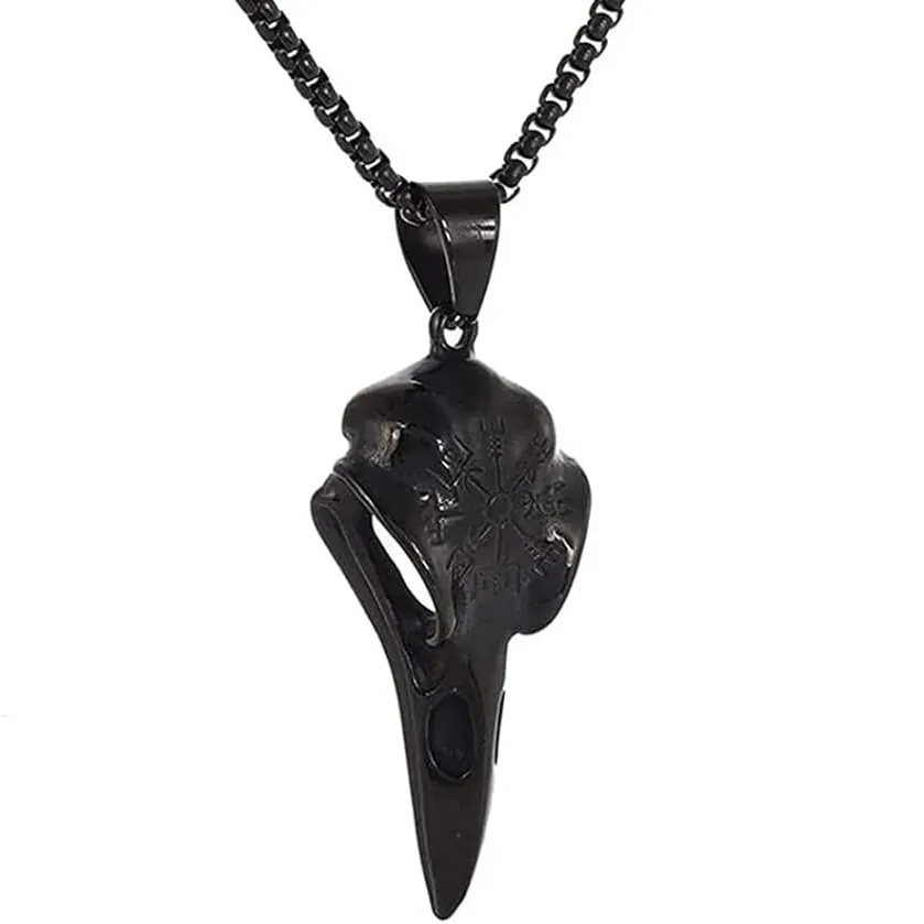 Noir Corbeau Crâne Collier-Acier Inoxydable Nordique Odin Oiseau Crâne Pendentif-Gothique Wiccan Païen Bijoux Cadeau pour les Femmes