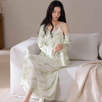 Ensemble de Nuisette et Cardigan d'Été Respirant en Mélange de Coton (95%) à Manches Longues et Col en V pour Femme, avec Détail Nœud, OEM ODM