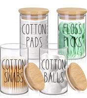 Pot de rangement en verre borosilicate transparent pour coton-tiges et fil dentaire avec couvercle en bambou, design simple, idéal pour les cadeaux