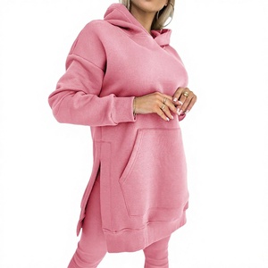 <b>Women's</b> Pink Hooded Long Sleeve <b>Sweatshirt</b> <b>Dress</b> With Pockets Loose Fit Casual Wear All Seasons Knitted Fleece Material - Product Image 1