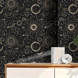 Rollo de Papel Tapiz Bohemio Contemporáneo con Diseño de Sol, Estrellas y Rostros Humanos, con un Estilo Gótico Único Esto es un producto autoadhesivo - Product Image 2