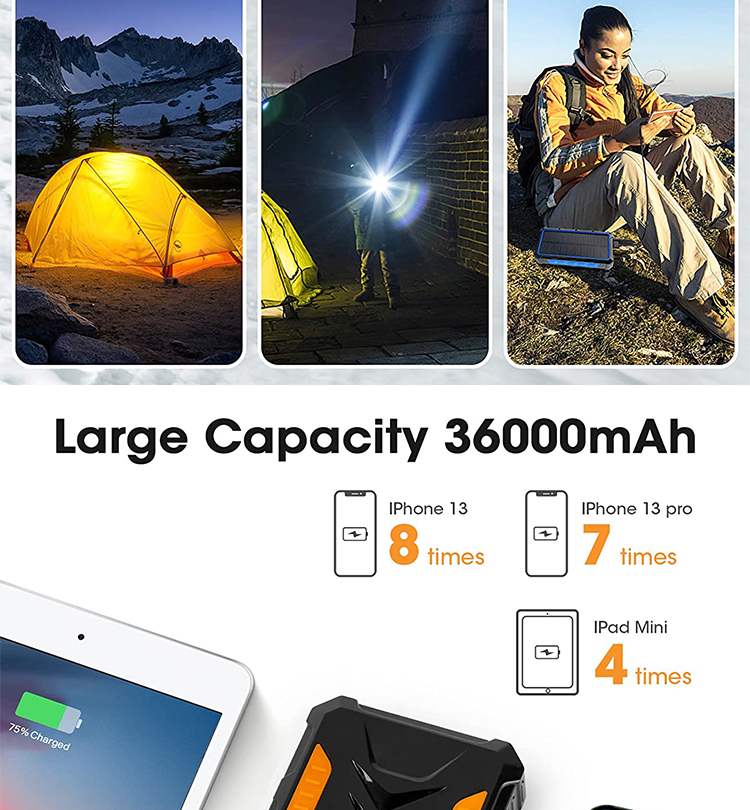 Wholesale 36000mAh mobile phone smart solar power bank with wireless charging solar cell phone charger