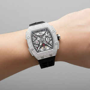 Montre automatique <span class=keywords><strong>de</strong></span> <span class=keywords><strong>luxe</strong></span> pour homme, forme tonneau, entièrement sertie <span class=keywords><strong>de</strong></span> diamants, bracelet en alliage 20 mm, cadran analogique squelette complet - Product Image 1
