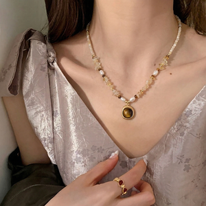 Collier en acier inoxydable <span class=keywords><strong>CL</strong></span> Natural Tiger's Eye plaqué or 18 carats avec perles de culture d'eau douce et cristaux, bijoux pour femme, cadeau tendance 2026 - Product Image 3