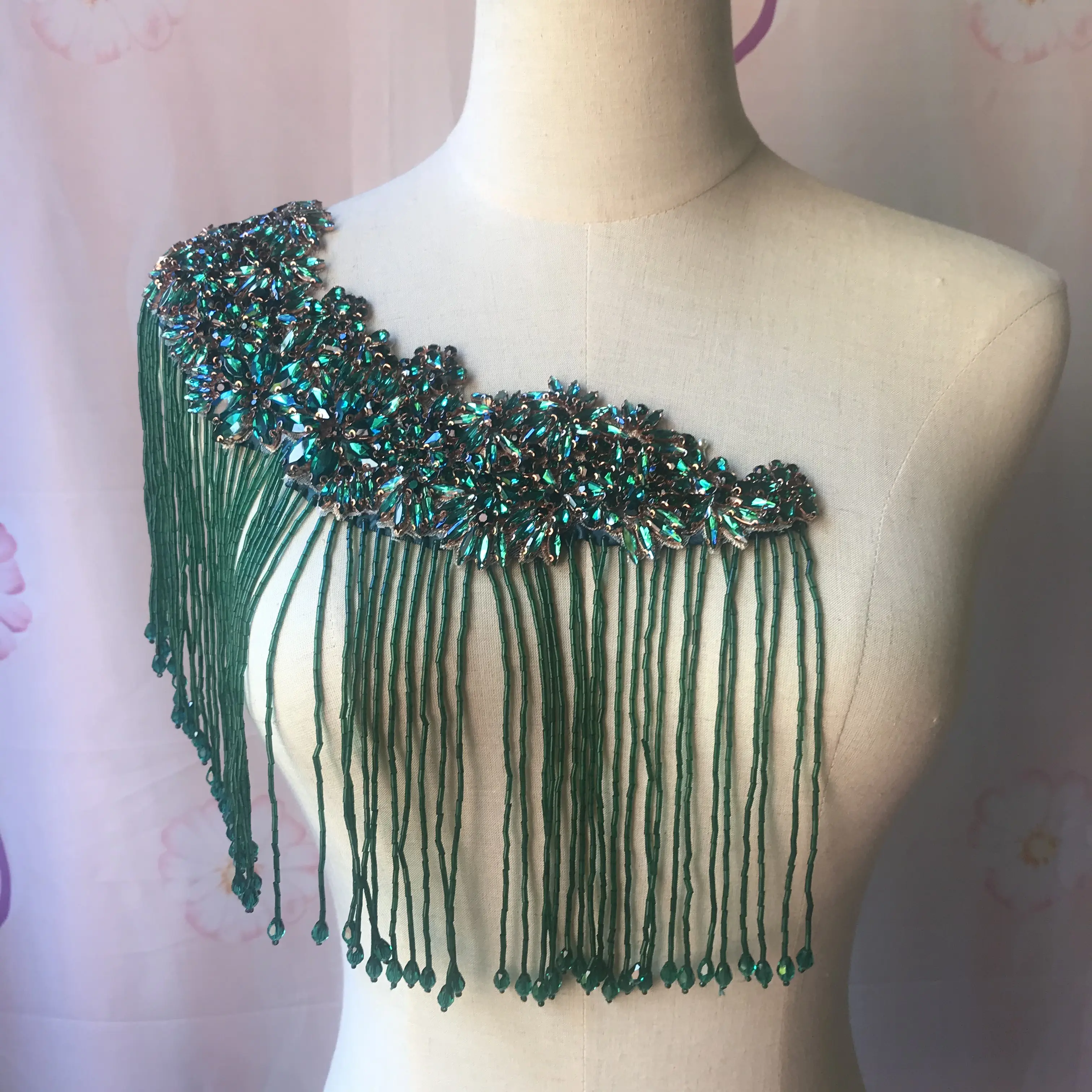 2021 Wuku Bling Bling Crystal Bolero Met Kwastje Fringe In Groen