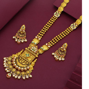 Conjunto de collar largo de oro nupcial con colgante de diseño de templo intrincado y pendientes Jhumka tradicionales, joyería de boda - Product Image 1