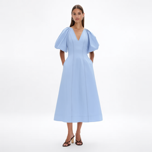 Abito Midi da Ufficio Personalizzato per Donna, Blu Periwinkle, Scollo a V Profondo, Maniche a Sbuffo, Linea A, Cucitura Principessa, Tasche Laterali, in Popeline di Cotone - Product Image 4