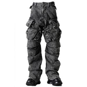 Jean cargo gris décontracté pour homme et garçon, taille <span class=keywords><strong>mi</strong></span>-haute, longueur longue, poche cargo, finition stretch, ourlet retroussé, printemps été, bouton, <span class=keywords><strong>coupe</strong></span> bootcut - Product Image 6