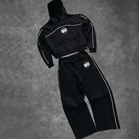 Conjunto de 2 Piezas de Sudadera Corta con Capucha y Logotipo Personalizado para Mujer, Pantalones Deportivos de Pierna Ancha con Ribete Blanco, Ropa Deportiva Informal