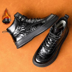 Bottes de neige montantes en cuir pour hommes, doublées de laine noire, semelle épaisse, à lacets, chaudes pour l'hiver, résistantes à l'usure, antidérapantes, chaussures d'extérieur - Product Image 4