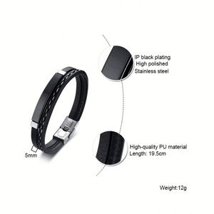 Luxury <b>Customized</b> Diy Nameplate Logo Men Braided Leather Bracelets Engraveable Black Women Mens Stainless Jewelry - Product Image 2