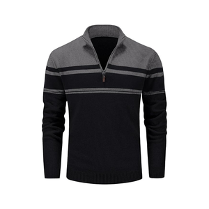 Pull à col montant mi-zippé pour homme, tricot chaud d'hiver, design rayé |   Haut décontracté pour homme pour temps froid - Product Image 1
