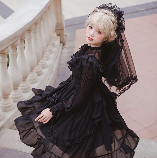 Lolita Abito Gotico Per Ragazze, Maniche A Sbuffo In Mesh, Nero, Vestito Quotidiano Primavera Estate, Taglie Asiatiche