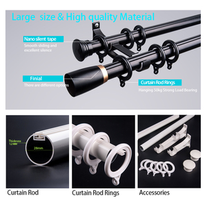 IKSUN Double Curtain Rod Set with Finials & Rings, Modern Black Metal Curtain Pole, Wall <b>Mount</b> for Living Room Bedroom - Product Image 3