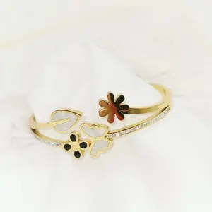 Fashion Lucky Flower Leaf Stainless Steel Bangles Cubic Zirconia Butterfly Charm Bracelets Bulk For Women