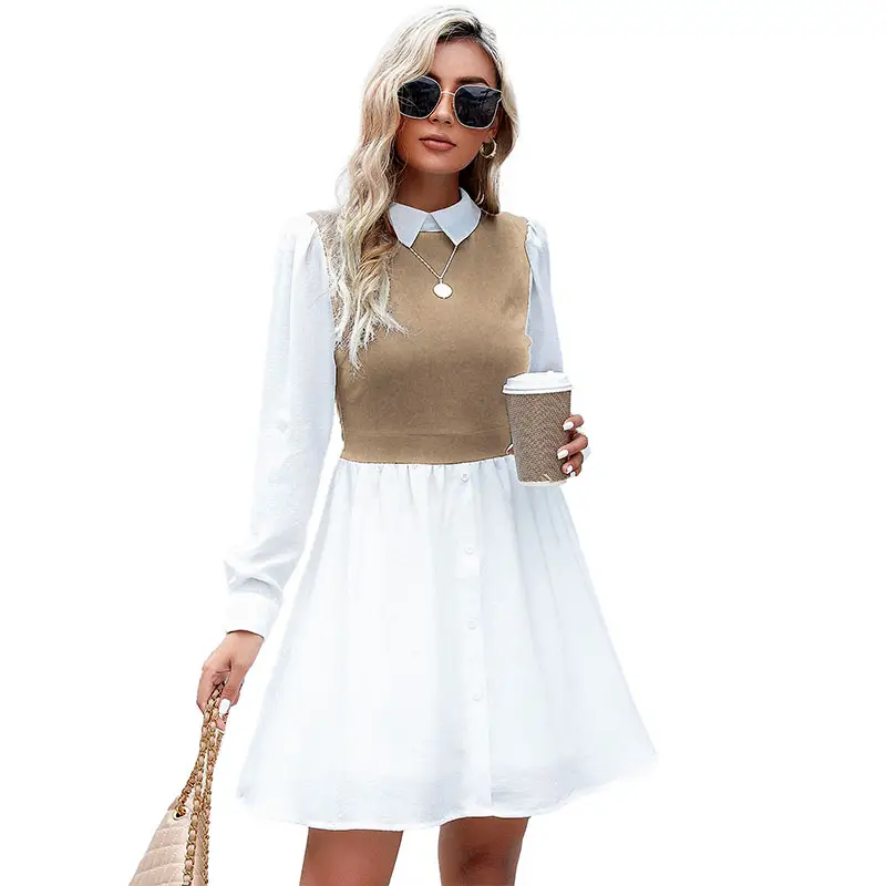 Wholesale Spring Autumn 2022 Long Sleeve Stitching Fake-Two-Pieces Comfortable Shirt Dress Fashion Casual Women's Dresses