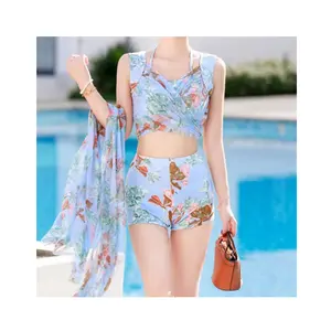 2024 Nieuwe Sexy Hoge Taille Bikini Driedelige Set Bloemenprint Badmode Dames Bikini Cover Up