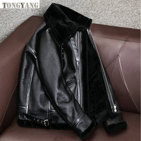 TONGYANG Nouvelle Veste en Cuir et Fourrure Épaisse en Laine de Mouton, Veste Chaude en Véritable Peau de Mouton pour Homme, Blouson Aviateur