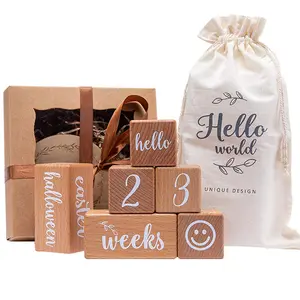 Hot Sale Newborn Wooden Monthly Milestone Set Printed Beech Baby Square Milestone Customizable Size Pattern