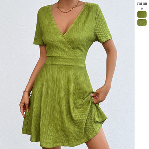 Casual Women's Solid Natural Breathable Eco-Friendly <b>A</b>-<b>Line</b> Polyester Short Sleeve Knee-Length <b>Dress</b> - Product Image 2