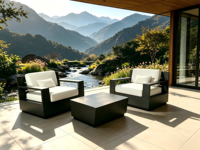 Ensemble de mobilier de salon extérieur commercial en aluminium, chaises de patio et table basse pour hôtel, complexe hôtelier, bord de piscine et hôtellerie