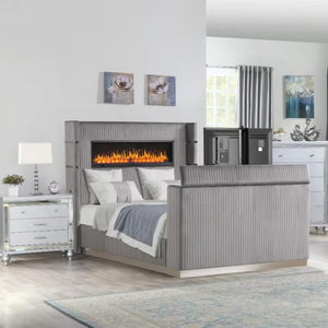 Luxury 5-Piece Queen Bedroom Set Antique Design Wood Construction Fireplace Headboard TV Stand Footboard Grey Finish for Hotel - Product Image 1