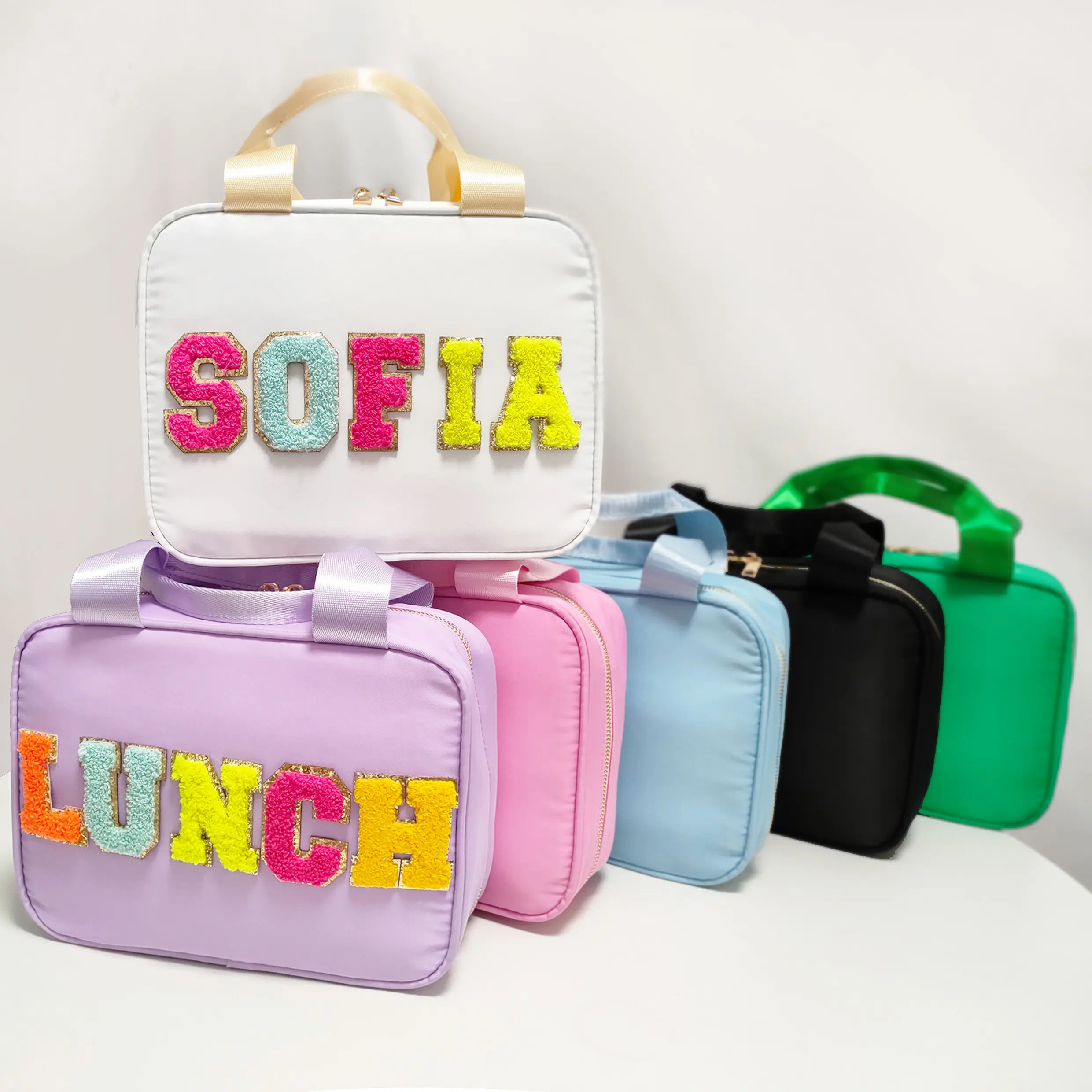 RTS High quality Large Capacity Food storage Bag with Embroidery Patch Name Pink Nylon Cooler Bag Waterproof Kids Lunch Bag box