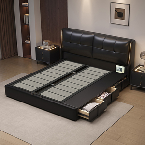 <span class=keywords><strong>Lit</strong></span> double italien en cuir noir pour chambre principale, avec rangement coulissant à pression d'air, éclairage intégré et sacs souples, pour la maison - Product Image 3