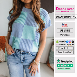 Dear-Lover <strong>Wholesale</strong> Fast Shipping Winter Pullover Checkered Color Block Crew Neck Short Sleeve Knitted <strong>Sweater</strong> - Product Image 1