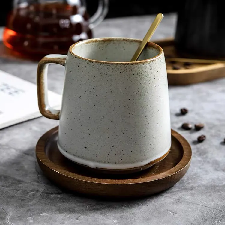 Taza de cerámica con esmalte reactivo de estilo japonés, taza de café y té con platillo de madera, personalizada, vintage, 360ml, venta al por mayor