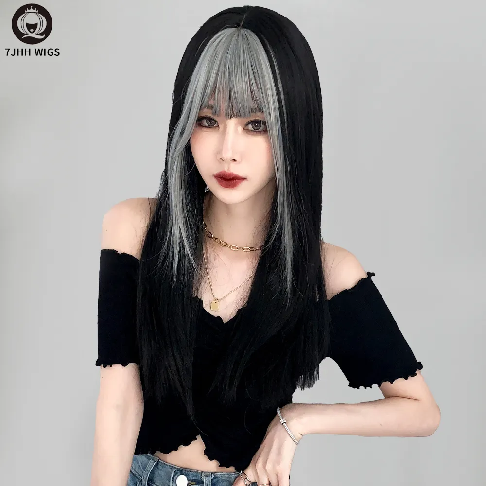 7JHH WIGS Amazon Sell Hair Vendor K-Pop Cute Wig 150% Density Long Straight Hair With Bangs Synthetic Hair Cosplay Wigs